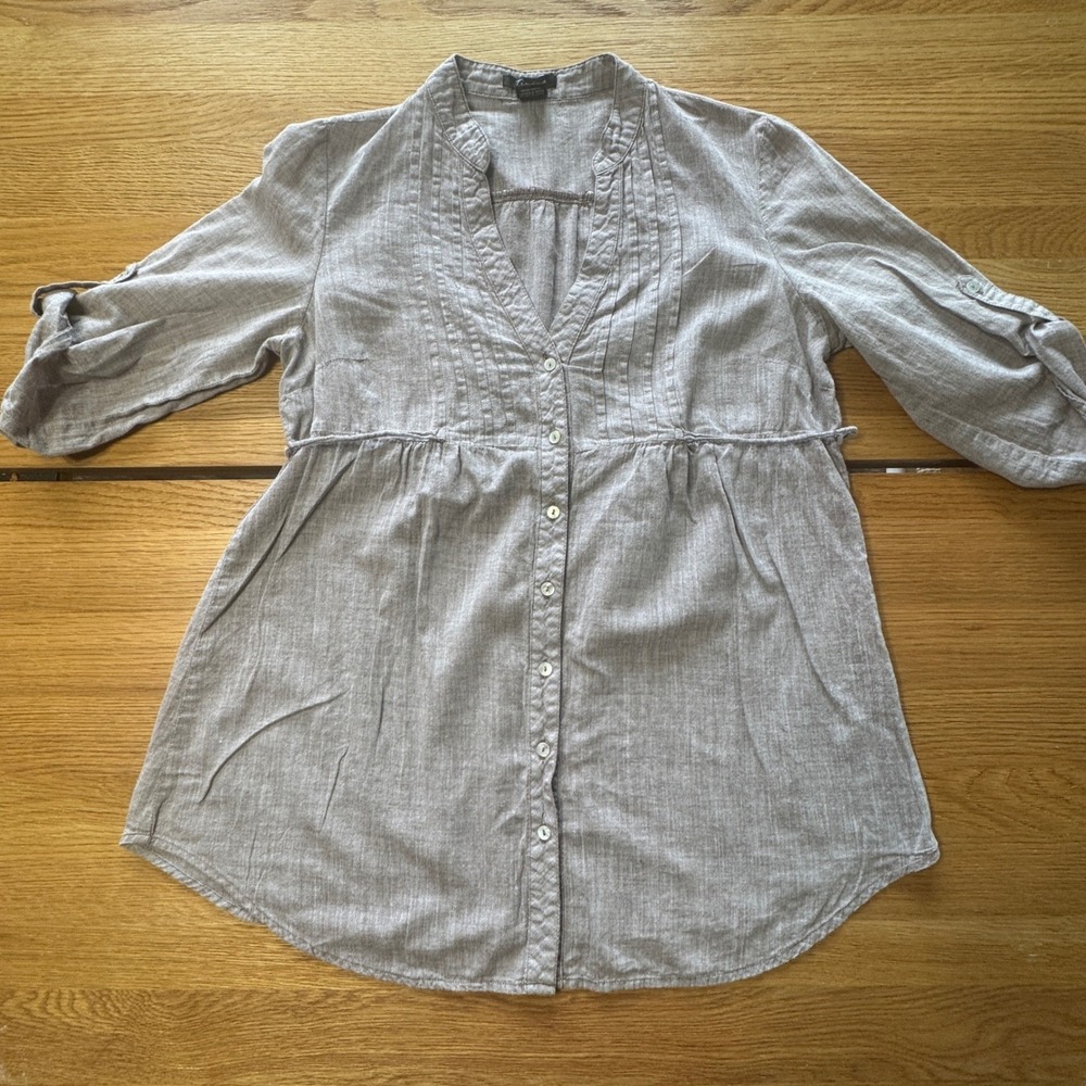 Timing Womens Gray Cotton Pintuck Empire Waist Roll Tab Sleeve Tunic M